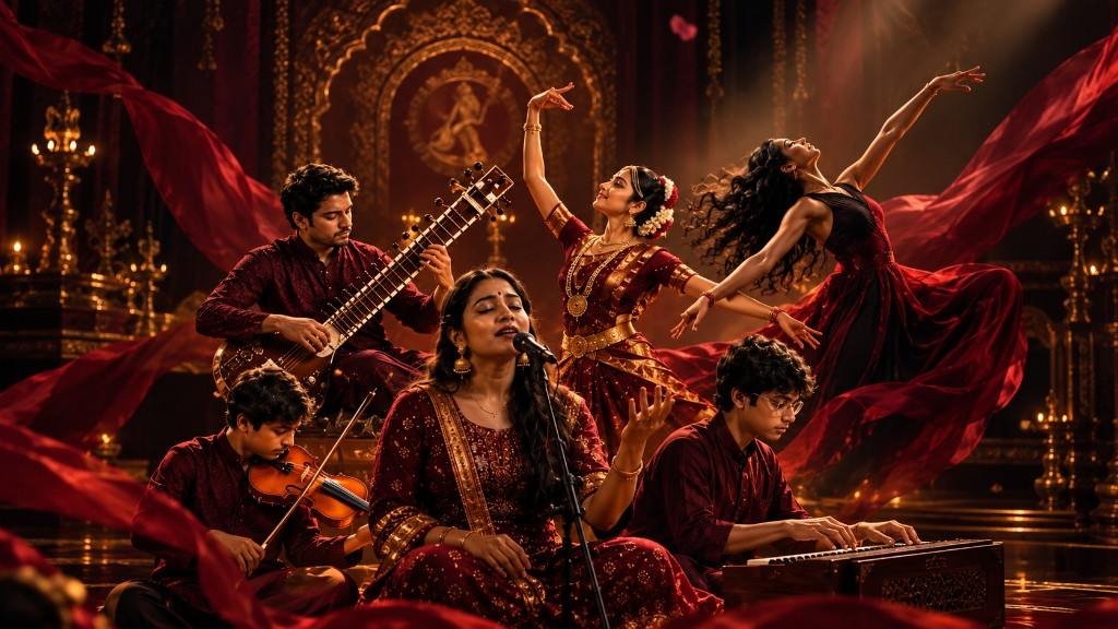 Musicians performing together on a warmly lit stage.