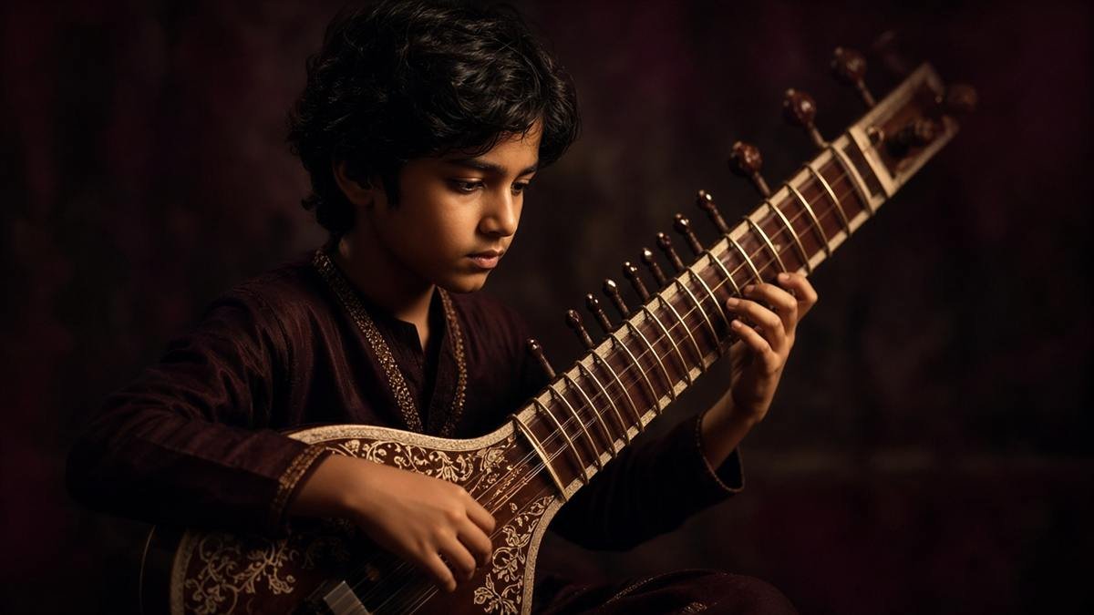 A young musician practising the sitar in warm studio light.