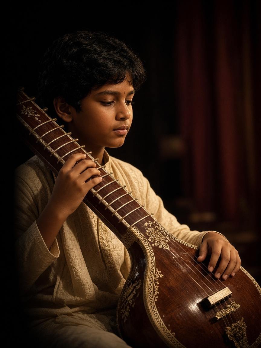 A young musician seated with a tanpura in warm, low light.